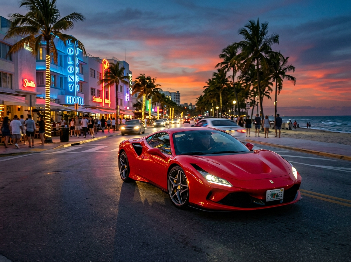 2023 Ferrari F8 Tributo Rosso Corsa red coupe on Ocean Drive Miami at dusk, top pick exotic car