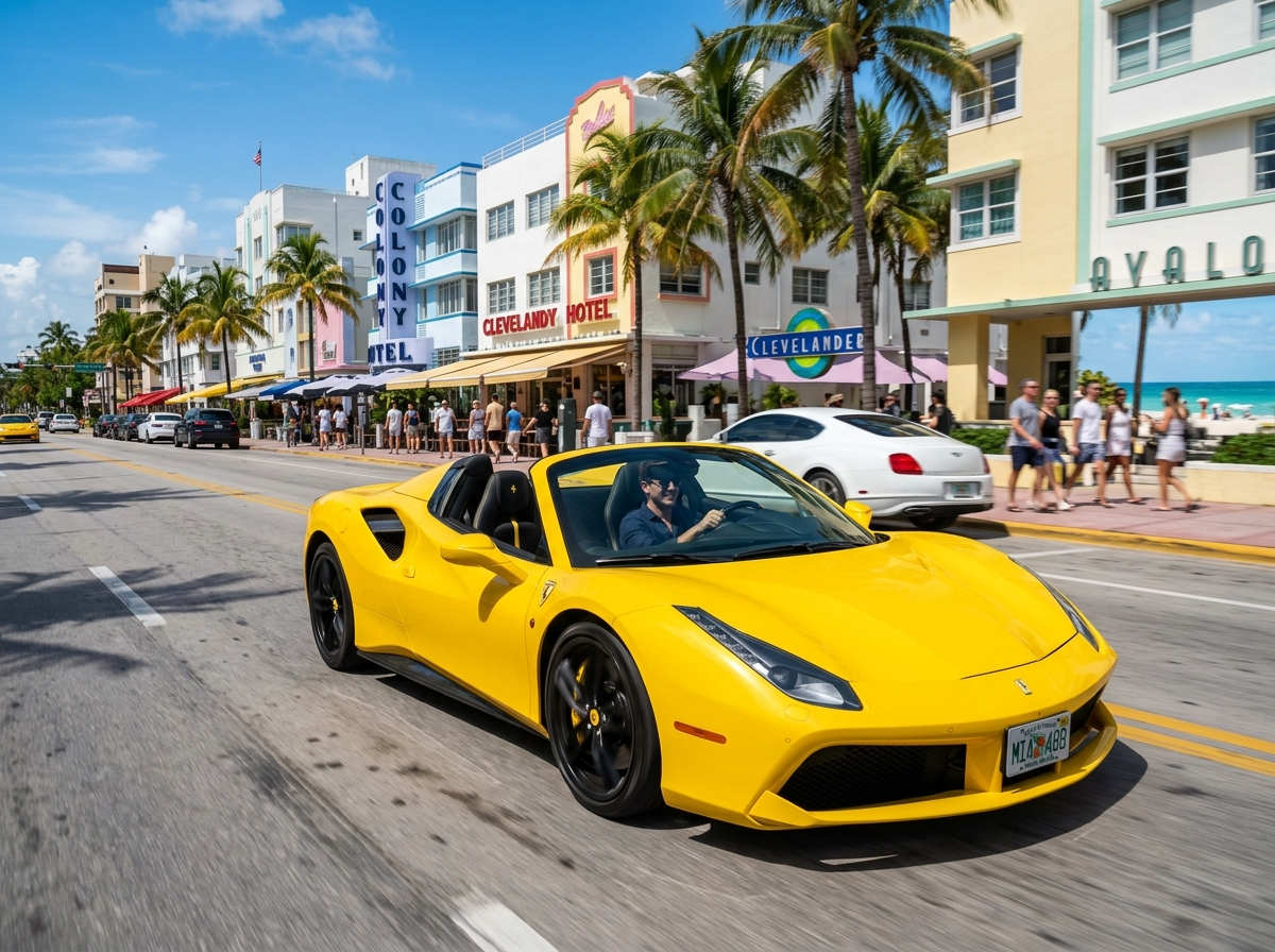 2021 Ferrari 488 Spider yellow convertible top-down cruising South Beach Collins Avenue Miami