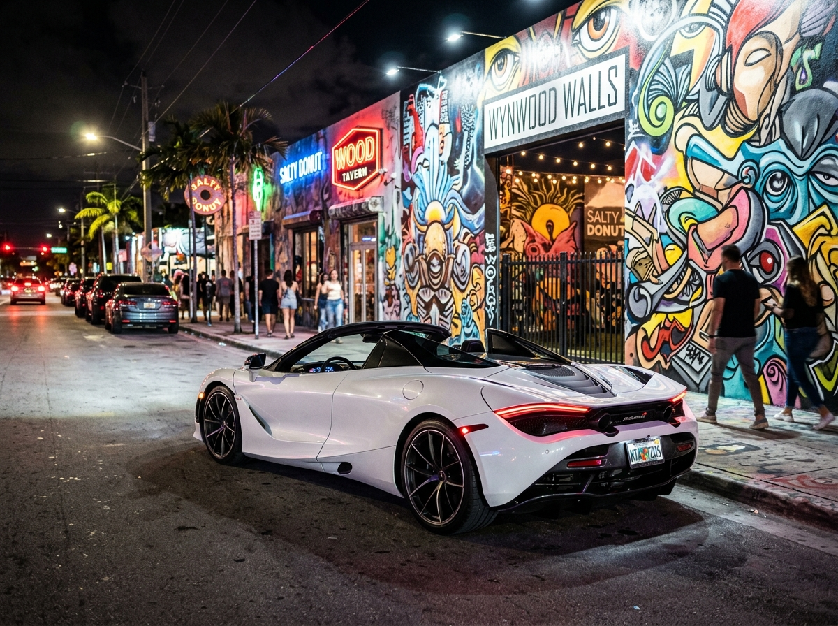 2021 McLaren 720S Spider white convertible parked Wynwood Miami art district night