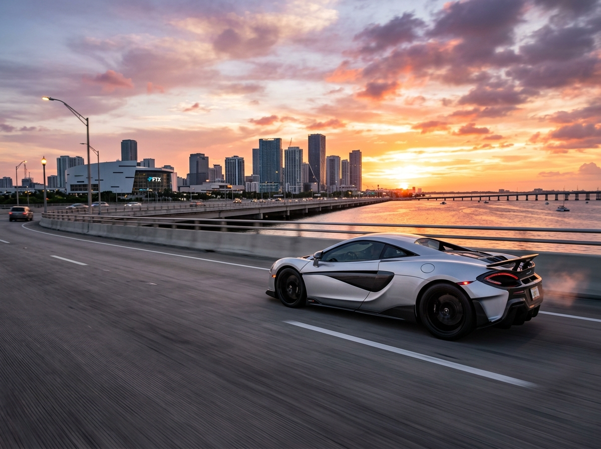 2022 McLaren 600LT silver exterior side profile on Rickenbacker Causeway Miami at sunset