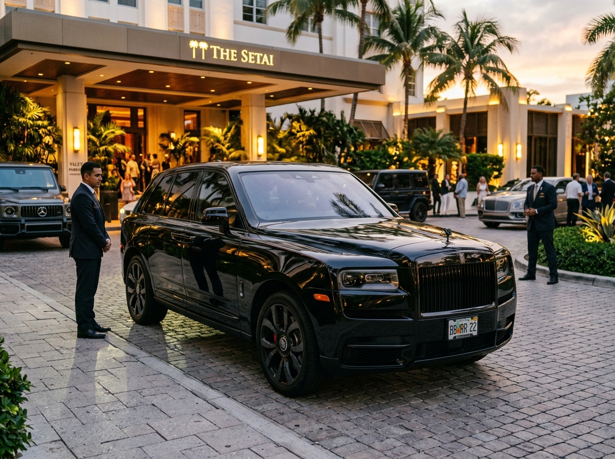 2022 Rolls-Royce Cullinan Black Badge glossy black SUV parked at luxury hotel valet in Miami Beach