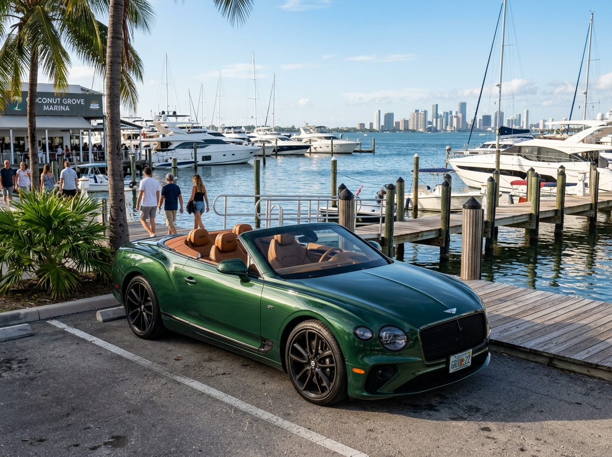 2022 Bentley Continental GT dark green convertible parked Coconut Grove Miami waterfront marina