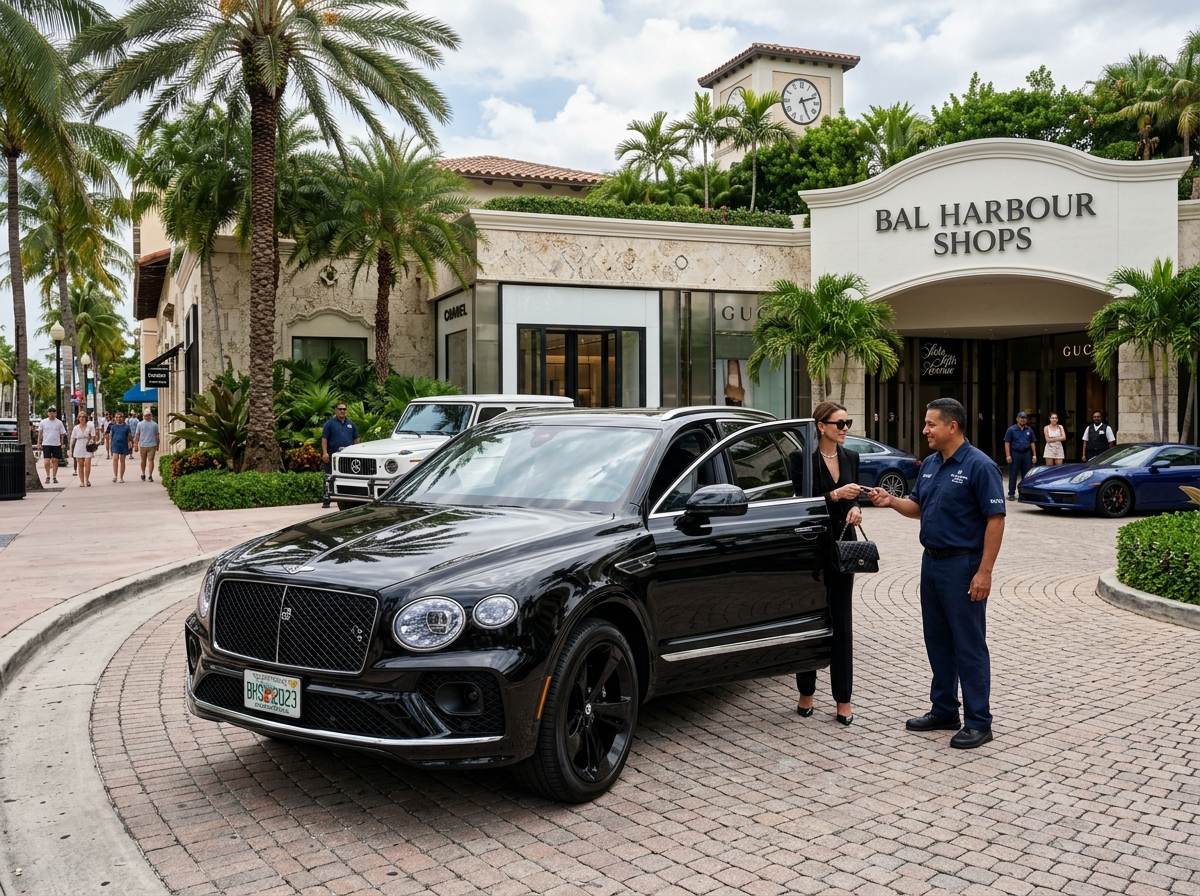 2023 Bentley Bentayga black luxury SUV valet drop-off Bal Harbour Shops Miami Florida
