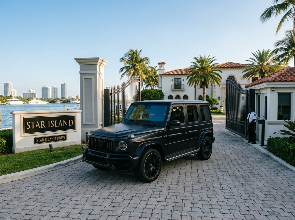 2024 Mercedes-Benz G63 AMG matte black parked at Star Island Miami luxury estate entrance