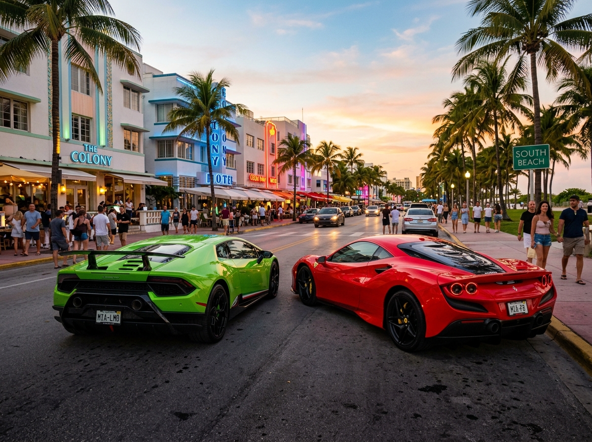 Exotic car rental Miami — Lamborghini Huracan and Ferrari F8 side by side on Ocean Drive South Beach