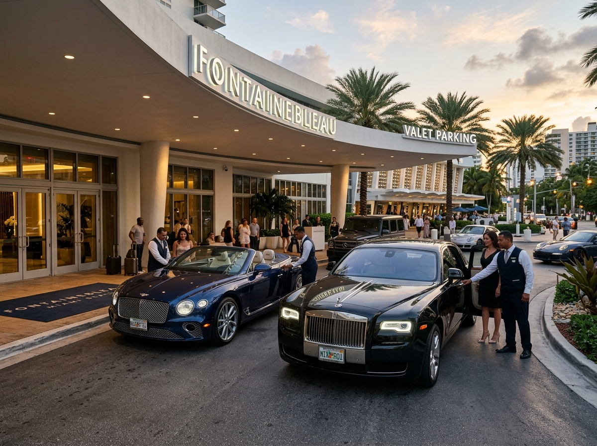 Luxury car rental Miami — Rolls-Royce Ghost and Bentley Continental GT at Fontainebleau Hotel valet