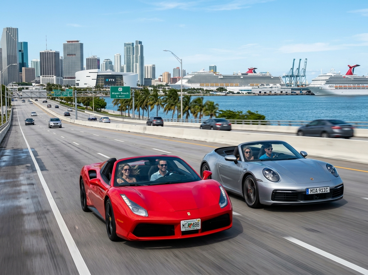 Convertible rental Miami — Ferrari 488 Spider and Porsche 911 Cabrio top-down on the MacArthur Causeway