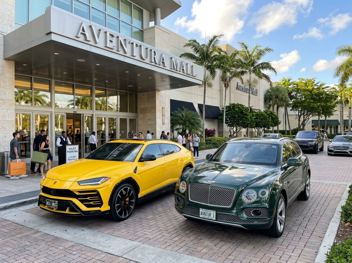 Luxury SUV rental Miami — Lamborghini Urus and Bentley Bentayga parked at Aventura Mall entrance Florida