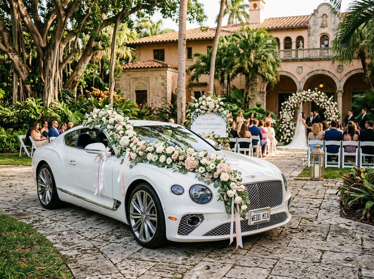Wedding car rental Miami — white Bentley Continental GT decorated with flowers at outdoor ceremony venue in Coral Gables