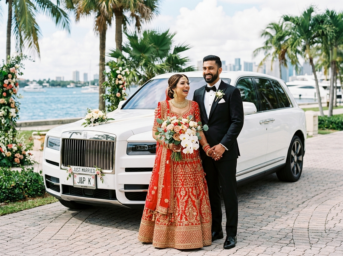 James and Priya K. couple avatar wedding day Miami Rolls-Royce Cullinan luxury rental
